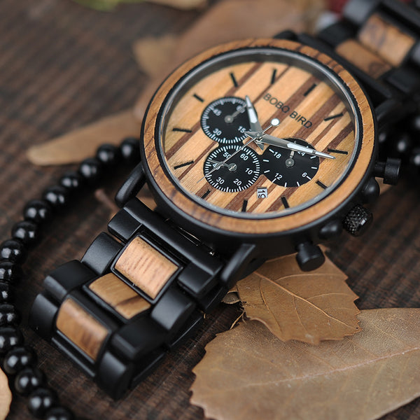 BOBO BIRD Wooden Mens Watches Chronograph & Date Display Stop Water Resistance