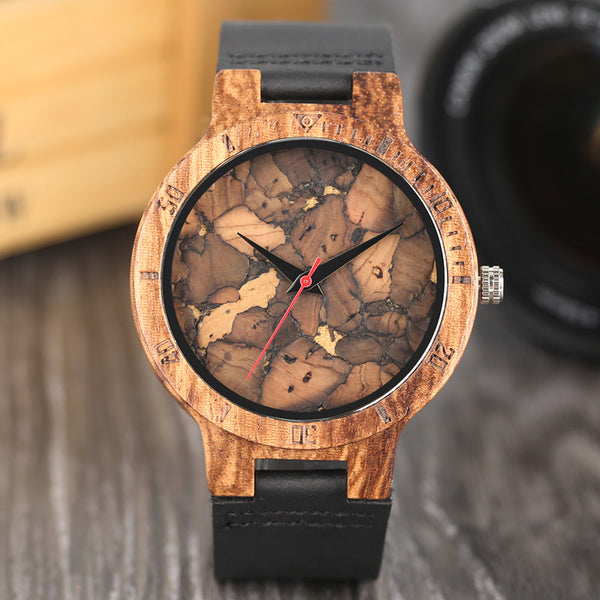 Creative Simple Wood Watches Men's Zebra/Cork Slag/Broken Leaves Face Wrist Watch Original Wooden Bamboo Male Clock Relogio 2017
