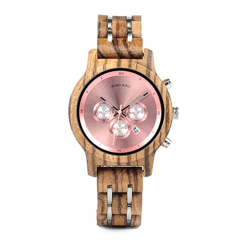 BOBO BIRD Watches Luxury Chronograph Date Quartz pink Ladies Wooden