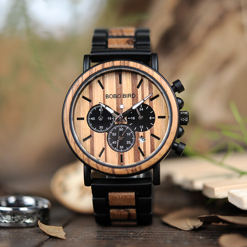 BOBO BIRD Wooden Mens Watches Chronograph & Date Display Stop Water Resistance