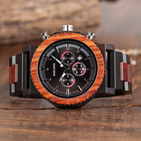 Big face luxury stop watch custom logo wood wristwatch fashion lovers wood watch