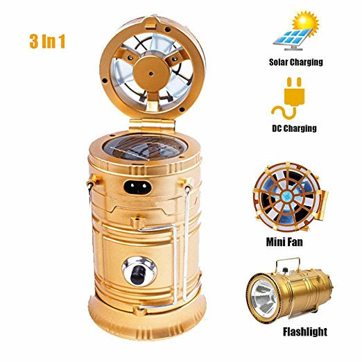 Solar Rechargeable LED Camping Lantern Light with Fan USB Output for Phone