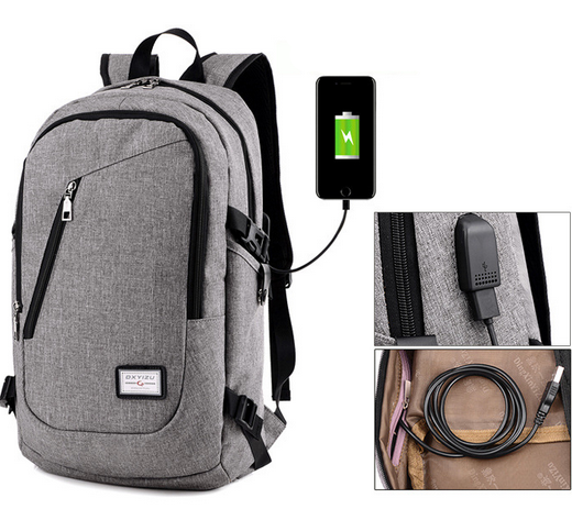 Men Grey Shcool Bag School Backpack USB Battery Charging Backpack