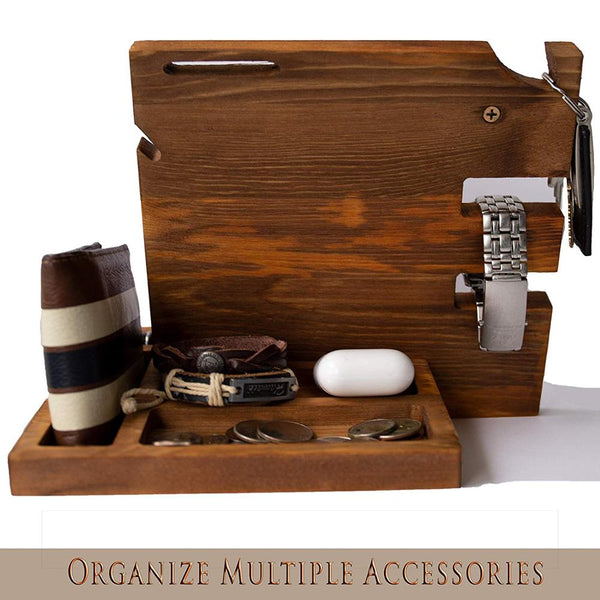 Wooden Docking Station for Men - Nightstand Organizer with Coaster - Charges Phone and Holds Keys, Wallet, Glasses, Ring,