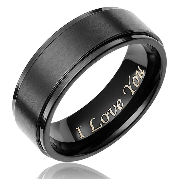 8MM Men's Black Brushed Titanium Ring Engagement Wedding Band Engraved " I Love You" Fashion Promise Jewelry Male Gift