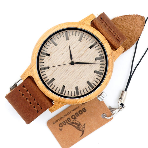 BOBO BIRD Natural Bamboo Watch With Genuine Leather Band + FREE UV Bamboo sunglases Gift