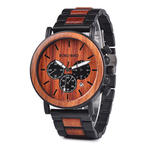 BOBO BIRD Wooden Mens Watches Stylish Wood & Stainless Steel Combined Chronograph Military Quartz Casual Wristwatches