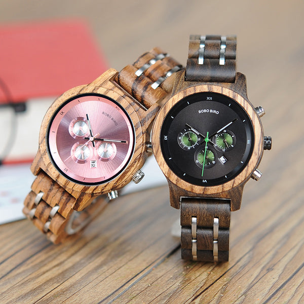 BOBO BIRD Watches Luxury Chronograph Date Quartz pink Ladies Wooden